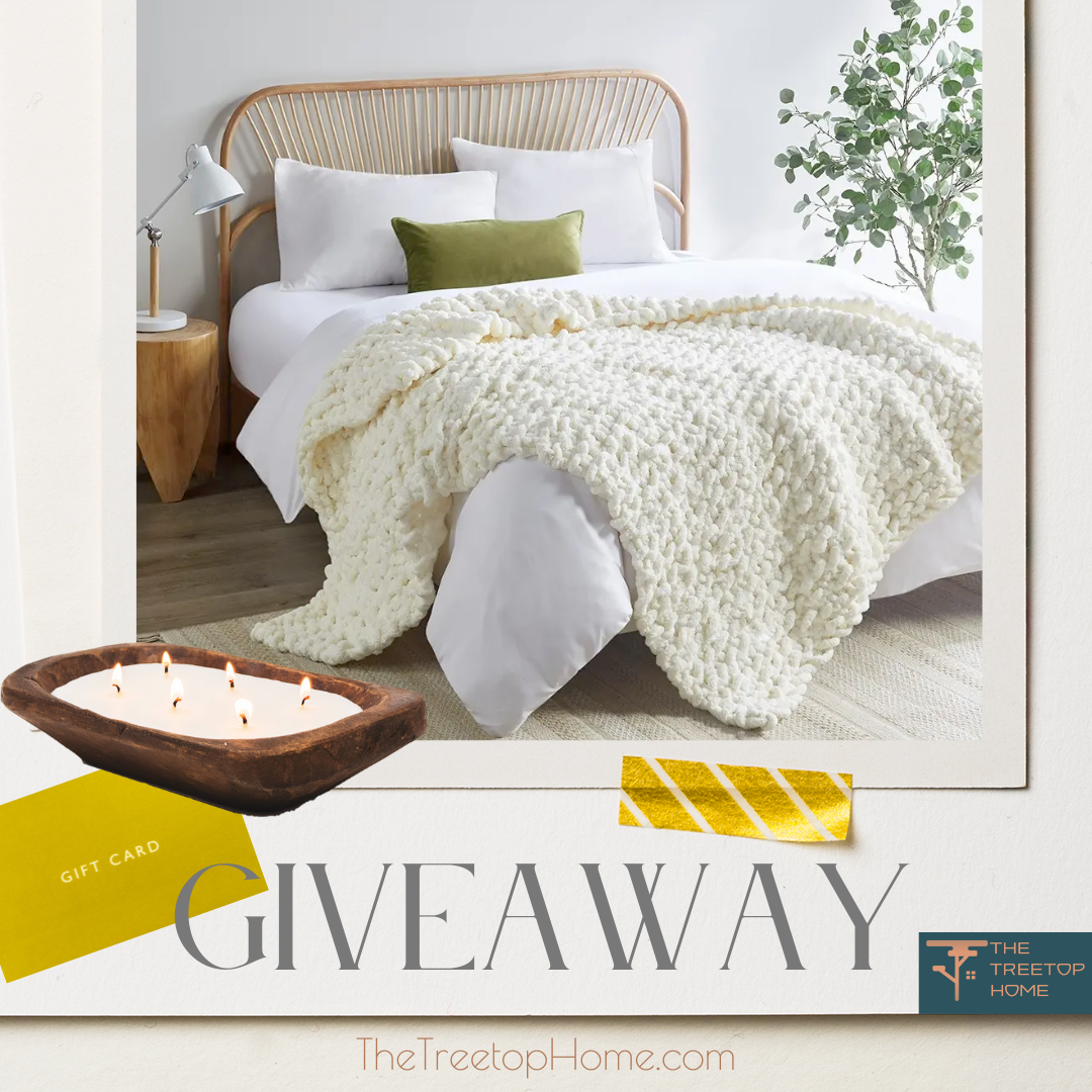 Handmade Chunky Chenille Throw (MSRP $234), Mango Wood Soy Candle ($39), and $100 Gift Certificate to The Treetop Home Giveaway