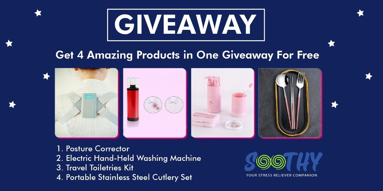 1. Posture Corrector 2. Electric hand-held washing machine 3. Travel toiletries kit 4. Portable Stainless Steel Cutlery set Giveaway