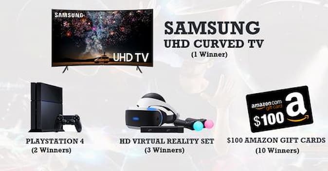 Samsung UHD Curved TV, 2x PlayStation 4, 3x HD Virtual Reality Sets, 10x $100 Amazon Gift Cards Giveaway